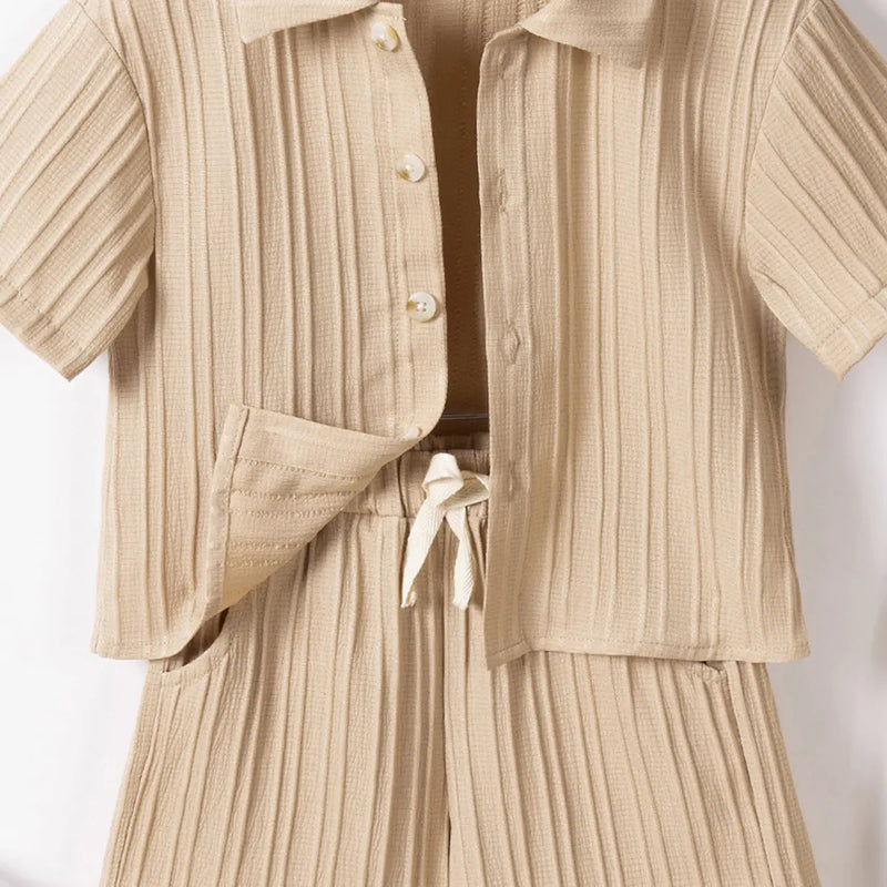 Boys Beige Stripe Short Sleeves Shirt With Shorts Co-ord Sets Sets