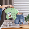 Boys Green Bear Camera Print Short Sleeve T-Shirt With Denim Shorts Sets 2 pc. Sets Green 1-2 Y