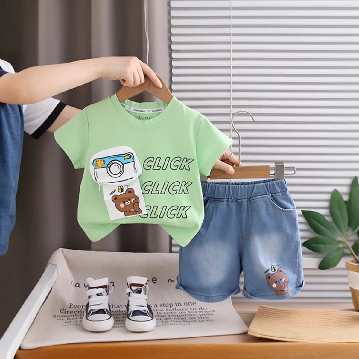 Boys Green Bear Camera Print Short Sleeve T-Shirt With Denim Shorts Sets 2 pc. Sets Green 1-2 Y