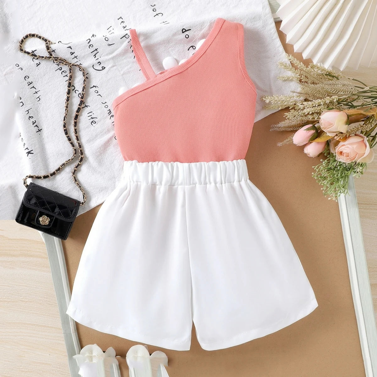 Girls Peach Floral Applique One-Shoulder Top With Shorts Sets 2 pc. Sets
