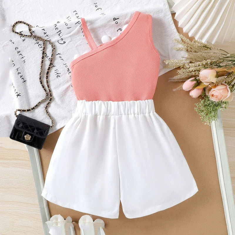 Girls Peach Floral Applique One-Shoulder Top With Shorts Sets 2 pc. Sets