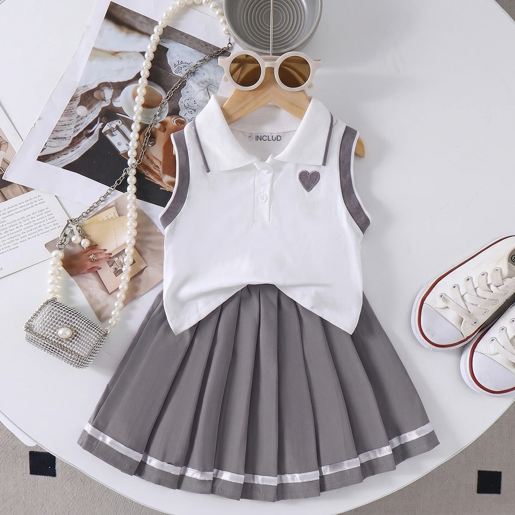 Girls Heart Embroidered Polo Top With Grey Pleated Skirt Sets 2 pc. Sets Grey 2-3 Y