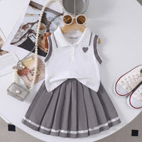 Girls Heart Embroidered Polo Top With Grey Pleated Skirt Sets 2 pc. Sets Grey 2-3 Y