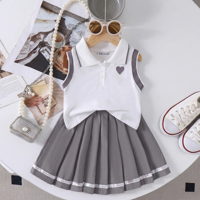 Girls Heart Embroidered Polo Top With Grey Pleated Skirt Sets 2 pc. Sets Grey 2-3 Y