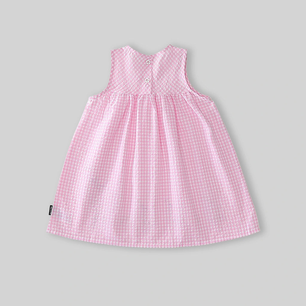 Girls Pink Gingham Checked Sleeveless A-line Dress With Duck Applique Casual Dresses