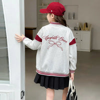Girls Light Grey Bow Printed Varsity Jacket Coats & Jackets