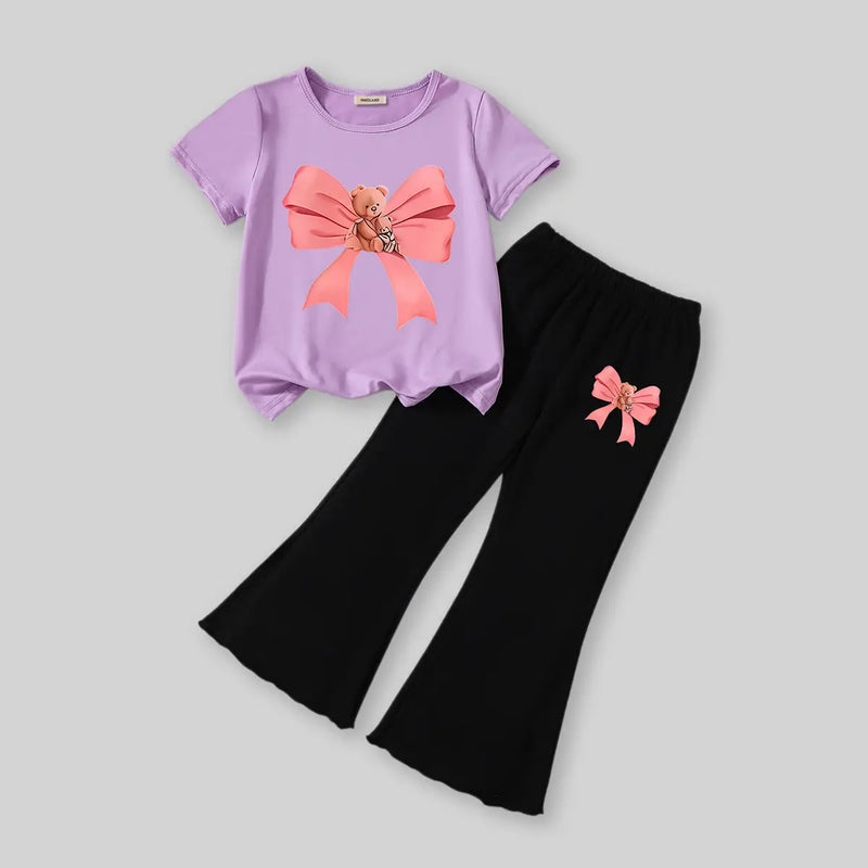 Girls Purple Bow Printed Short Sleeves T-Shirt With Wide-leg Pants Sets Sets