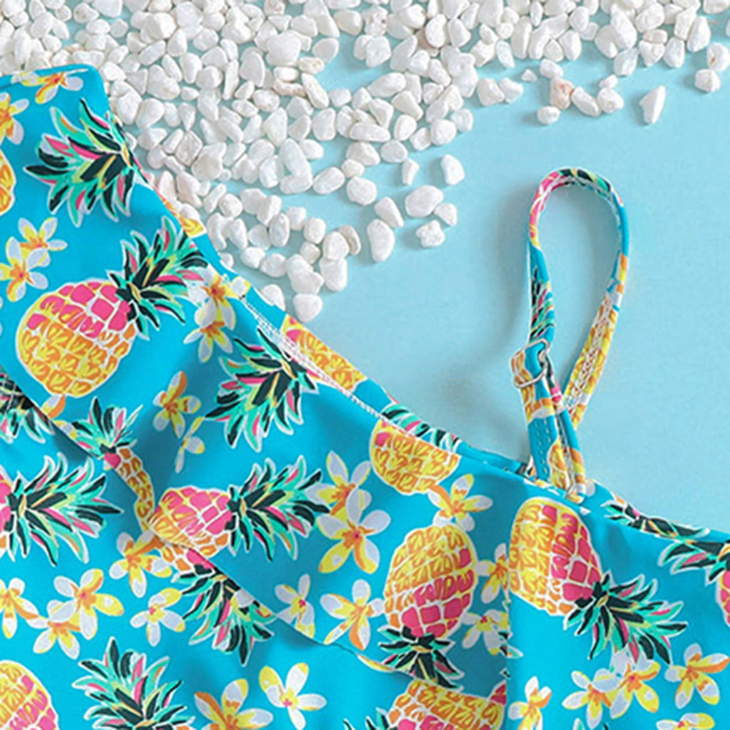 Girls Light Blue Pineapple Printed One Shoulder Top With Briefs Swimwear Sets Sets