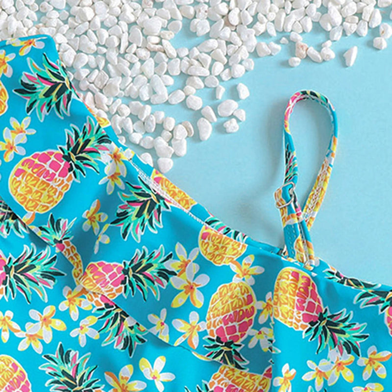 Girls Light Blue Pineapple Printed One Shoulder Top With Briefs Swimwear Sets Sets