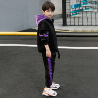 Boys Purple Typographic Printed Hooded Sweatshirt With Vest & Jogger Sets Sets