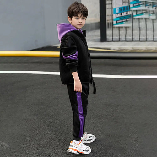 Boys Purple Typographic Printed Hooded Sweatshirt With Vest & Jogger Sets Sets