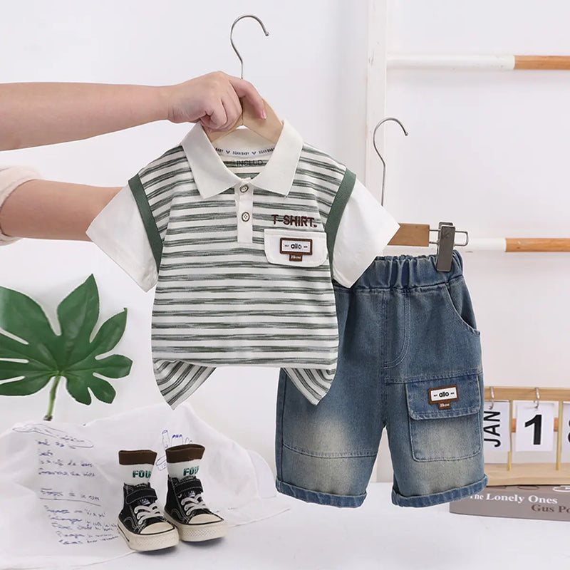 Boys Green Striped Short Sleeve Polo T-Shirt With Elasticated Denim Shorts 2 pc. Sets Green 1-2 Y