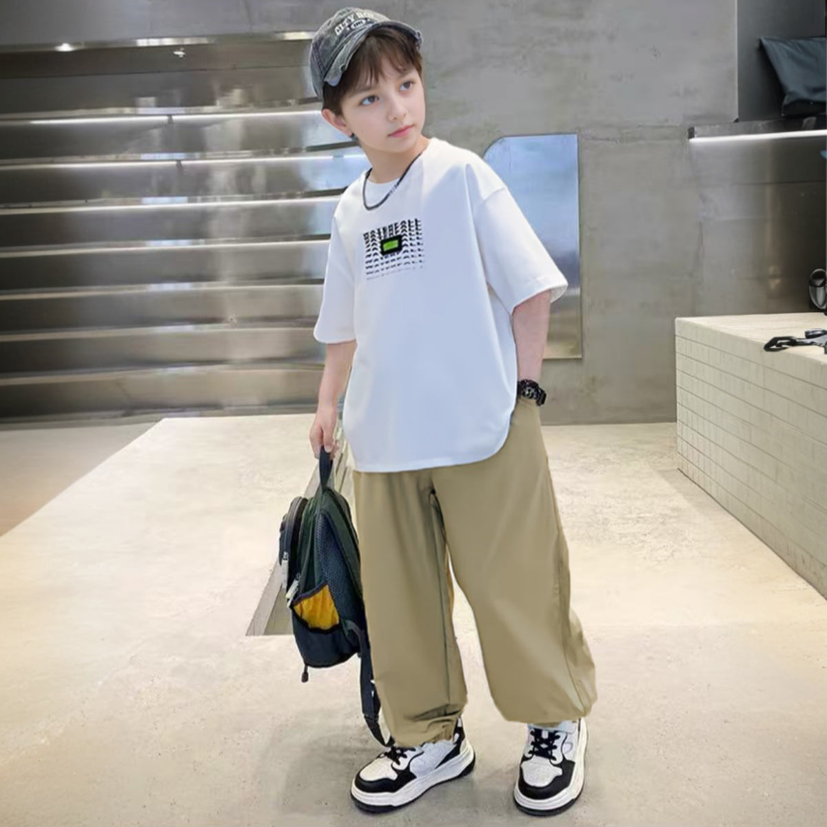 Boys White Abstract Printed Summer Oversized T-Shirt With Jogger Set 2 pc. Sets