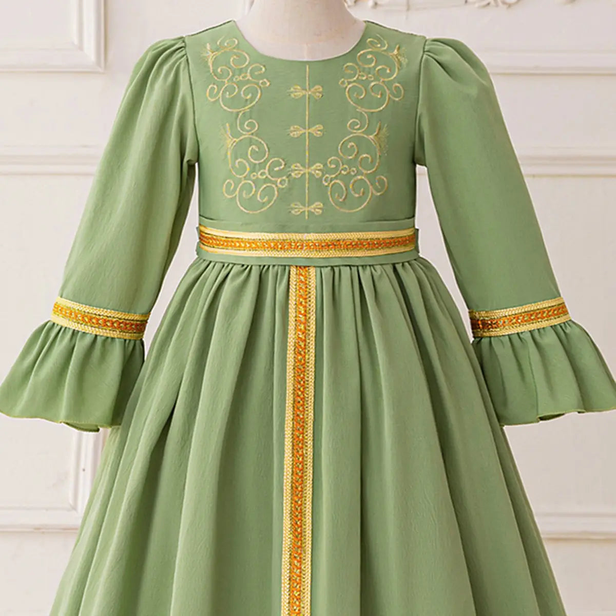 Girls Green Long Sleeves Maxi Dress With Golden Elegant Embroidery Casual Dresses