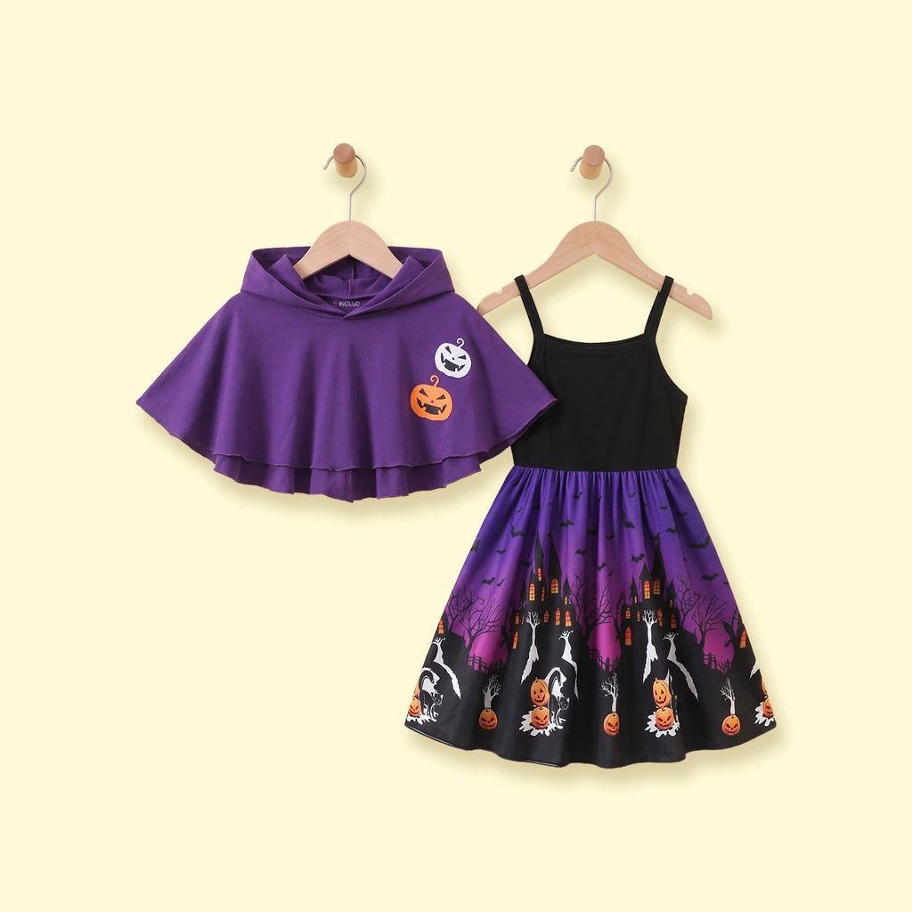 Girls Purple Halloween Pumpkin Print Dress with Hooded Cape Casual Dresses Purple 3-4 Y