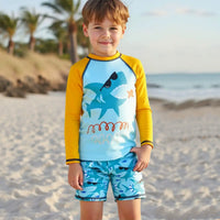 Boys Light Blue Shark Printed Long Sleeves T-Shirt & Shorts Swimsuit Sets Sets