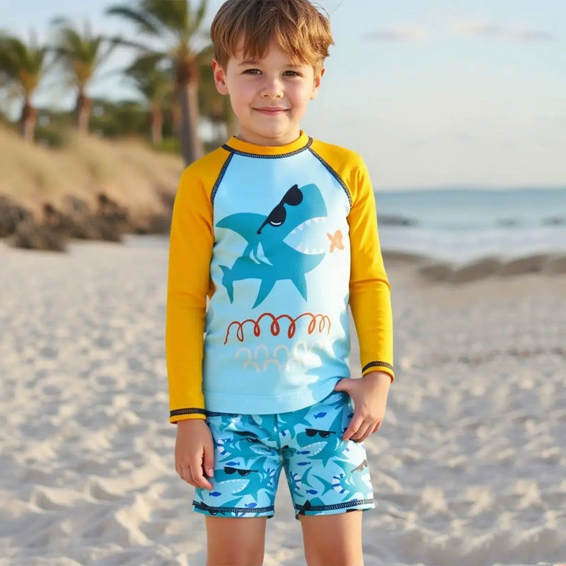 Boys Light Blue Shark Printed Long Sleeves T-Shirt & Shorts Swimsuit Sets Sets