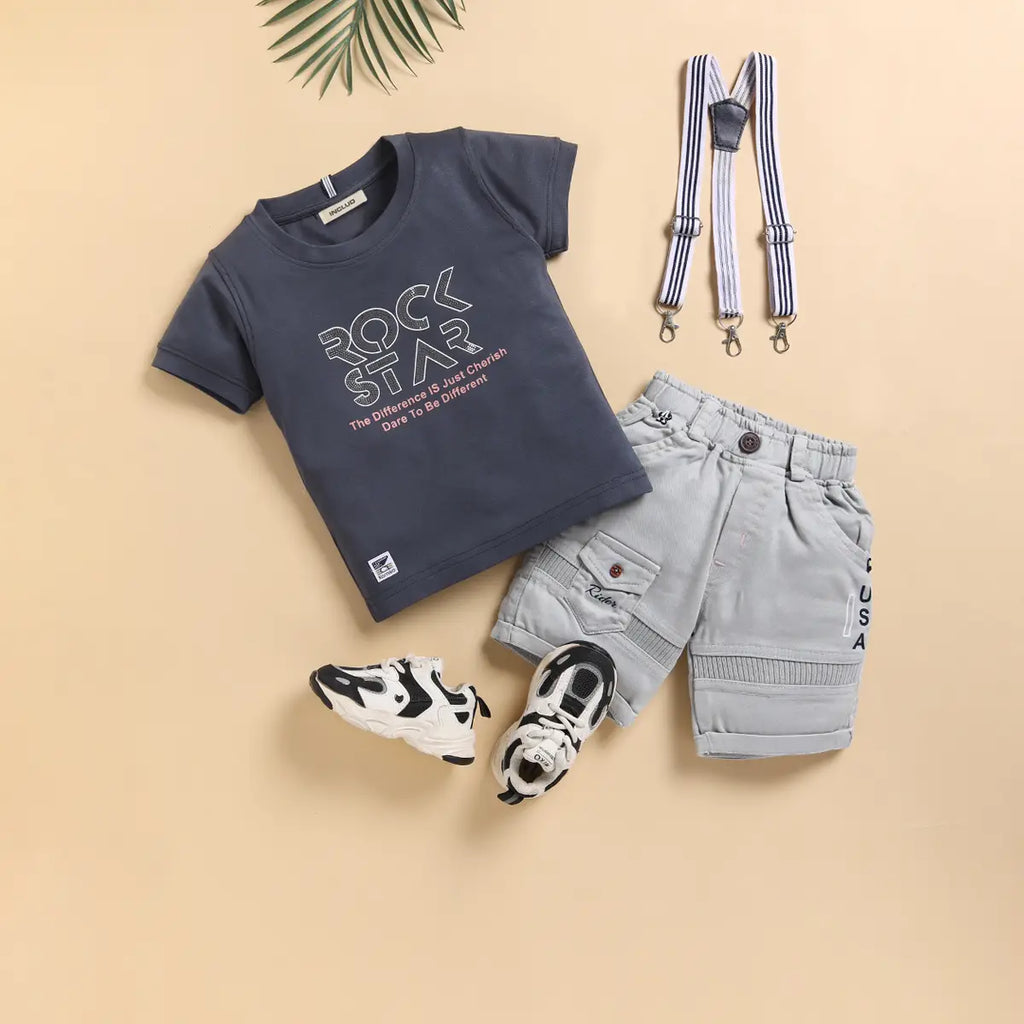Boys Green Typographic Printed T-Shirt With Green Suspender Shorts Set Sets Green 9-12 M