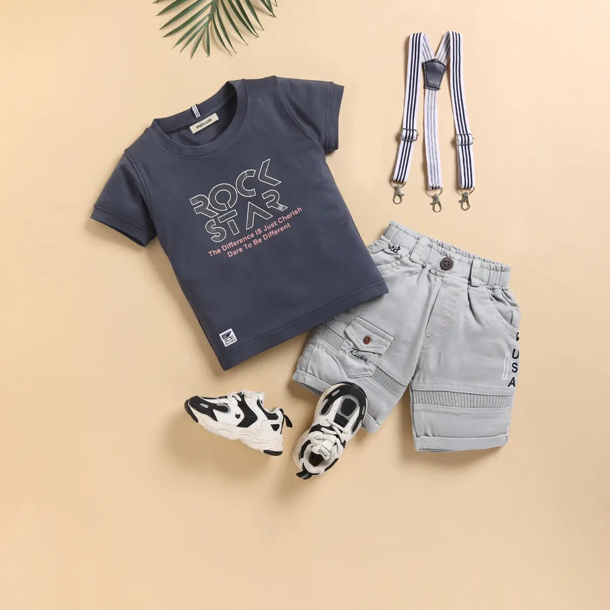 Boys Green Typographic Printed T-Shirt With Green Suspender Shorts Set Sets Green 9-12 M