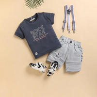 Boys Green Typographic Printed T-Shirt With Green Suspender Shorts Set Sets Green 9-12 M