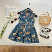 Girls Blue Floral Print Sleeveless Denim Shirt Dress Casual Dresses