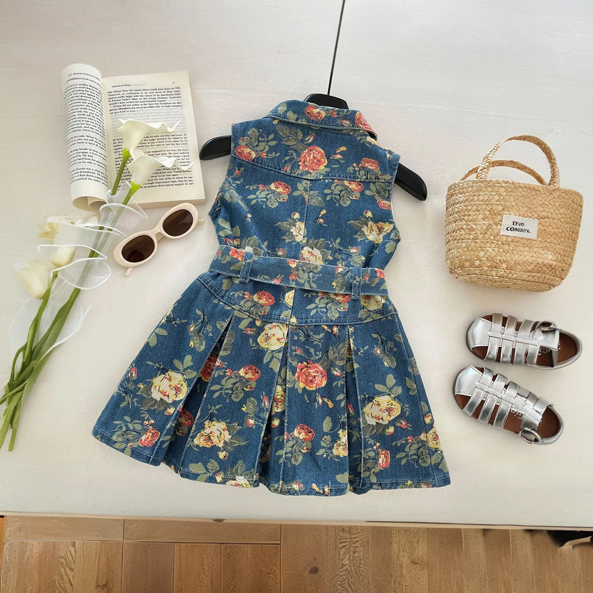 Girls Blue Floral Print Sleeveless Denim Shirt Dress Casual Dresses