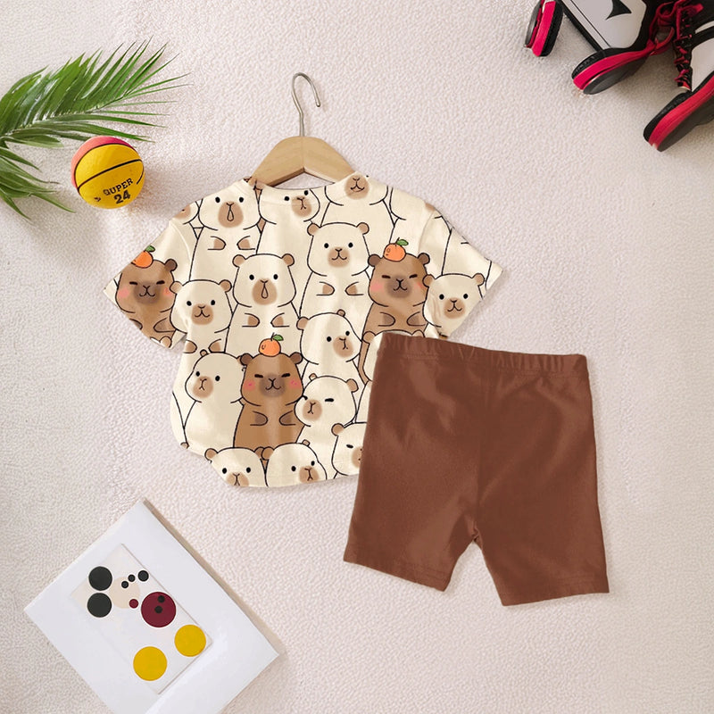 Girls Brown Capybara Print Short Sleeve T-Shirt With Shorts Sets 2 pc. Sets