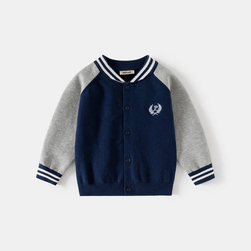 Boys Navy Blue Long Sleeve Cardigan With Sleeve cuff And Neck Stripes Sweaters & Cardigans