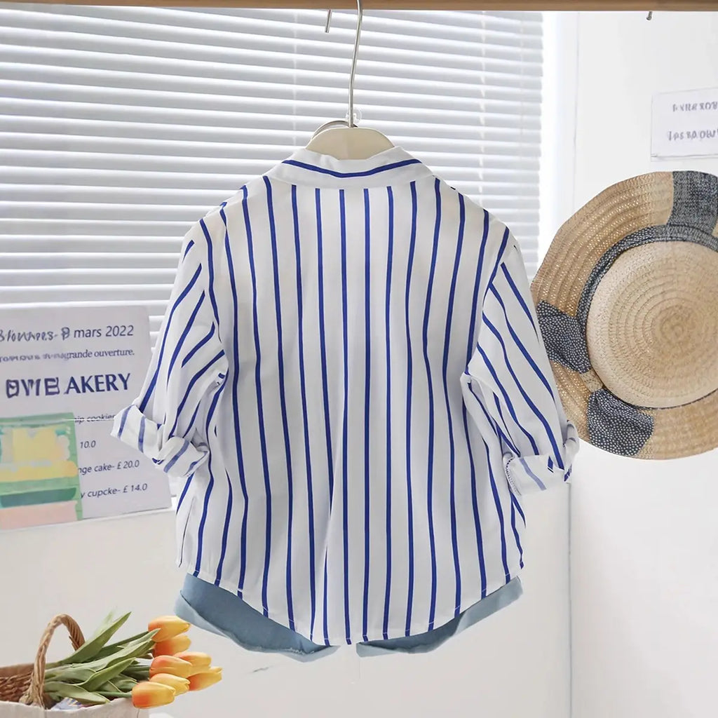 Girls Blue Stripe Shirt With Printed T-Shirt And Denim Shorts Sets 3 pc. Sets