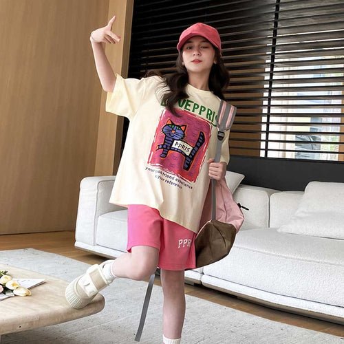 Girls Graphic Print T-Shirt With Shorts Set Sets Apricot 6-7 Y 