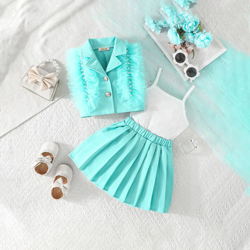 Girls Turquoise Blue Embellished Ruffled Blazer Vest With Pleated Skirt & Camisole Top Sets Sets Turquoise Blue 2-3 Y