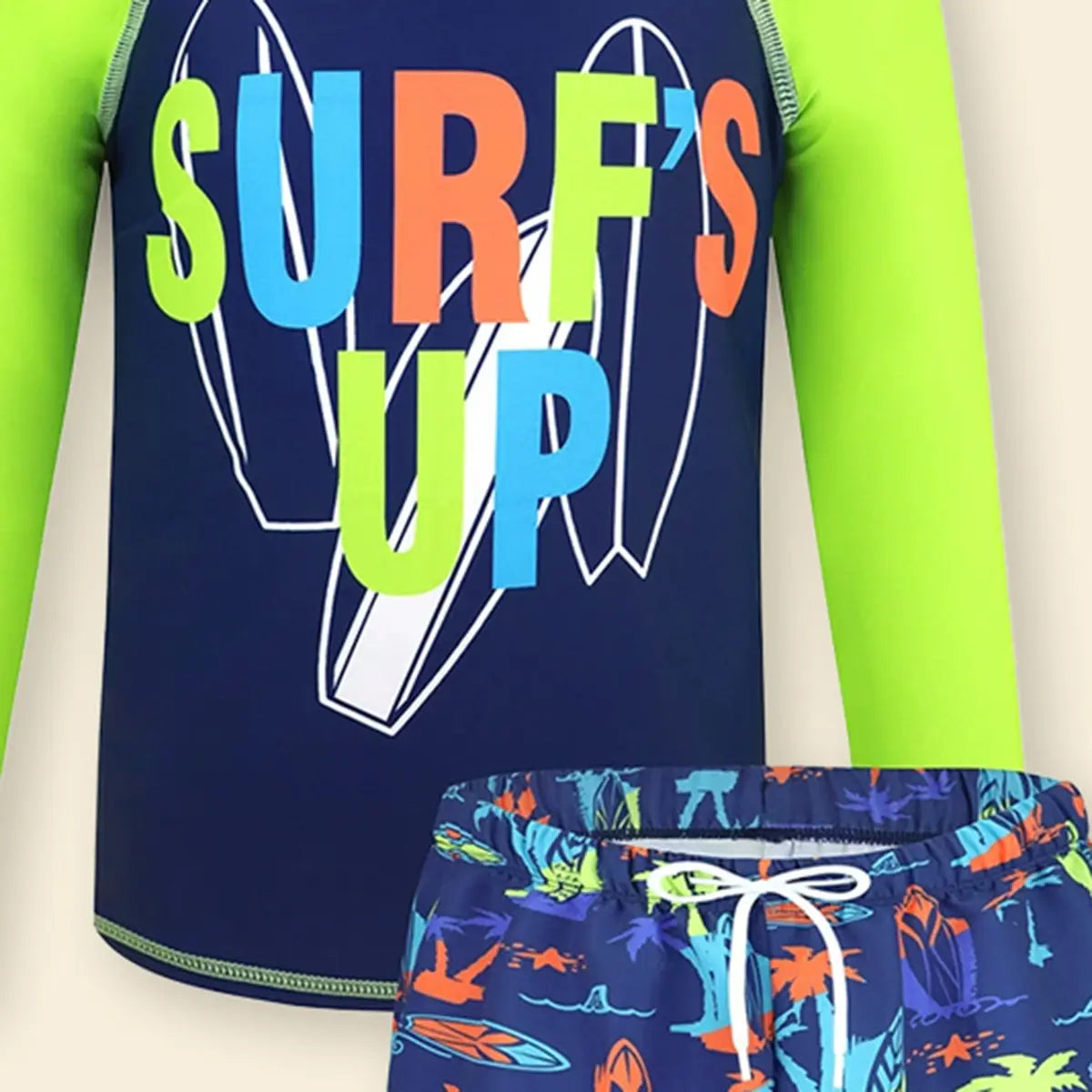 Boys Green Typographic Printed Long Sleeves T-Shirt & Shorts Swimsuit Sets Sets