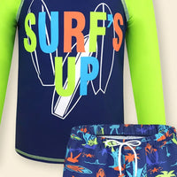 Boys Green Typographic Printed Long Sleeves T-Shirt & Shorts Swimsuit Sets Sets
