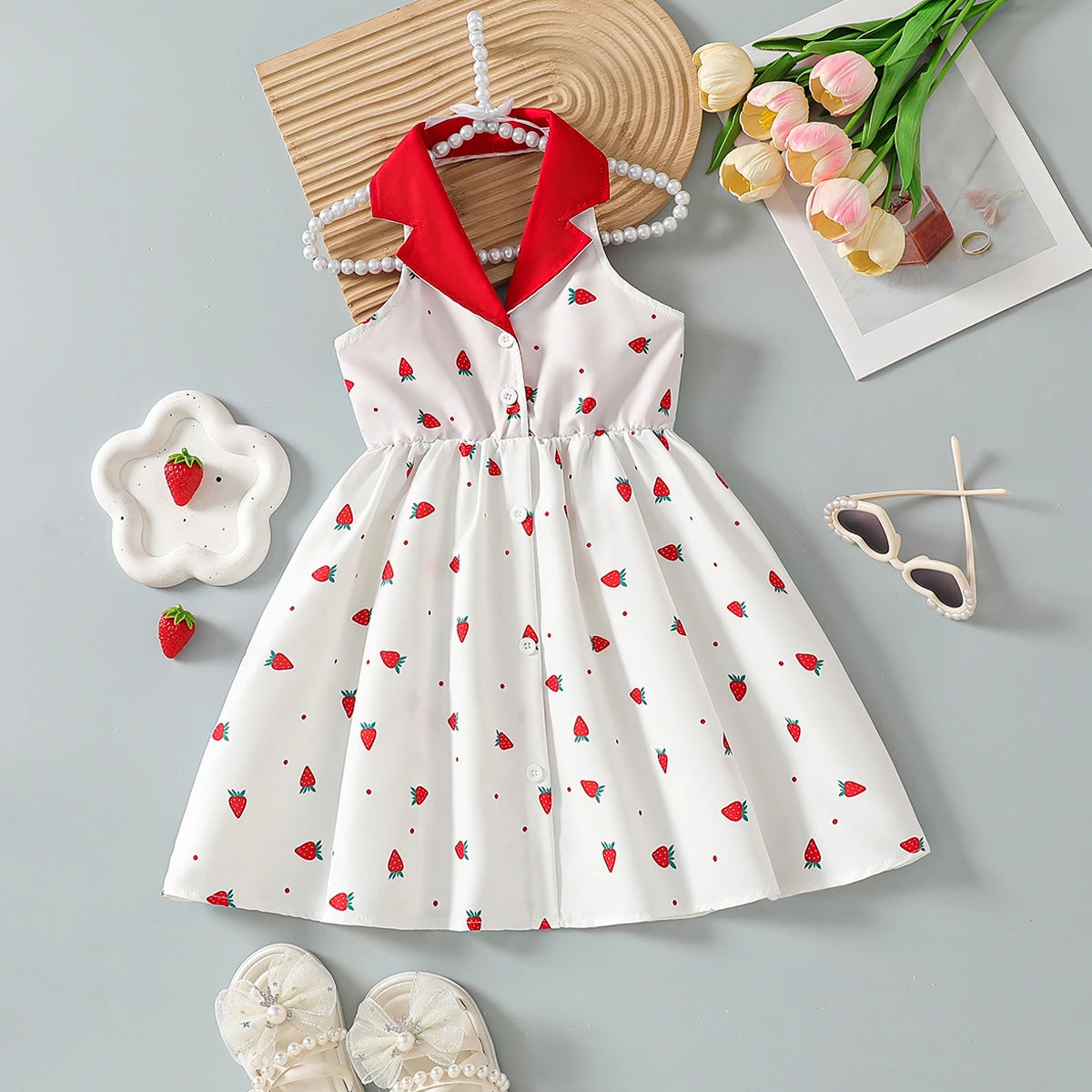 Girls White Strawberry Printed Sleeveless A-line Dress Casual Dresses White 3-4 Y