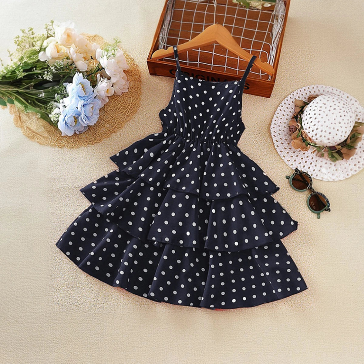 Girls Navy Blue Polka Dot Print Sleeveless Layered Dress Casual Dresses Navy Blue 3-4 Y