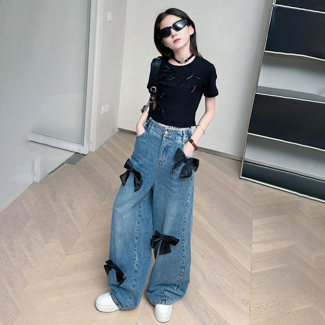 Girls Bow Applique Straight Fit Denim Trousers Jeans   