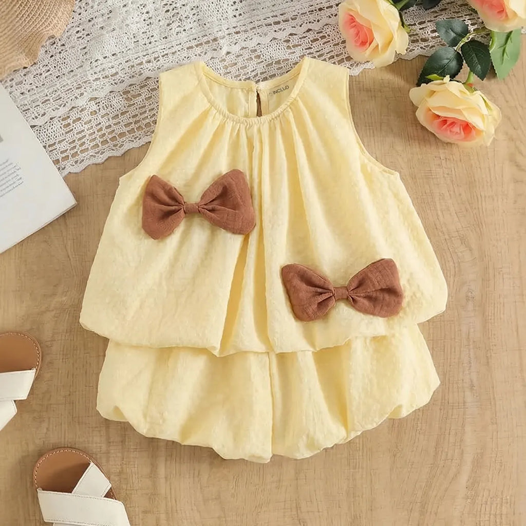 Girls Lime Yellow Textured Sleeveless Top With Bubble-Hem Shorts Co-ord Sets Sets Lime Yellow 1-2 Y