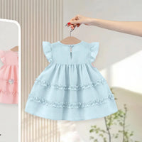 Girls Light Blue Mushroom Applique Round Neck Tiered Dress Casual Dresses