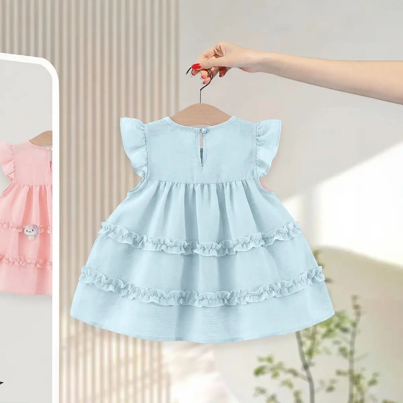 Girls Light Blue Mushroom Applique Round Neck Tiered Dress Casual Dresses