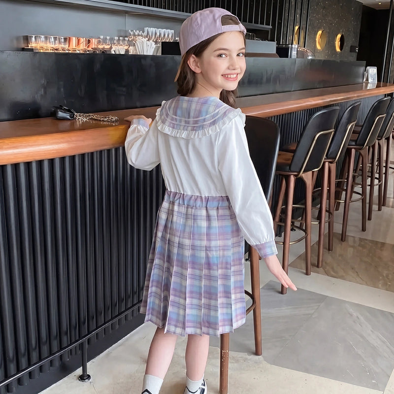 Girls Purple Checked Long Sleeve Fit & Flare Dress Casual Dresses
