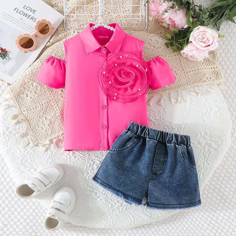 Girls Fuchsia Rose Applique Cold-Shoulder Top With Denim Shorts Sets Sets