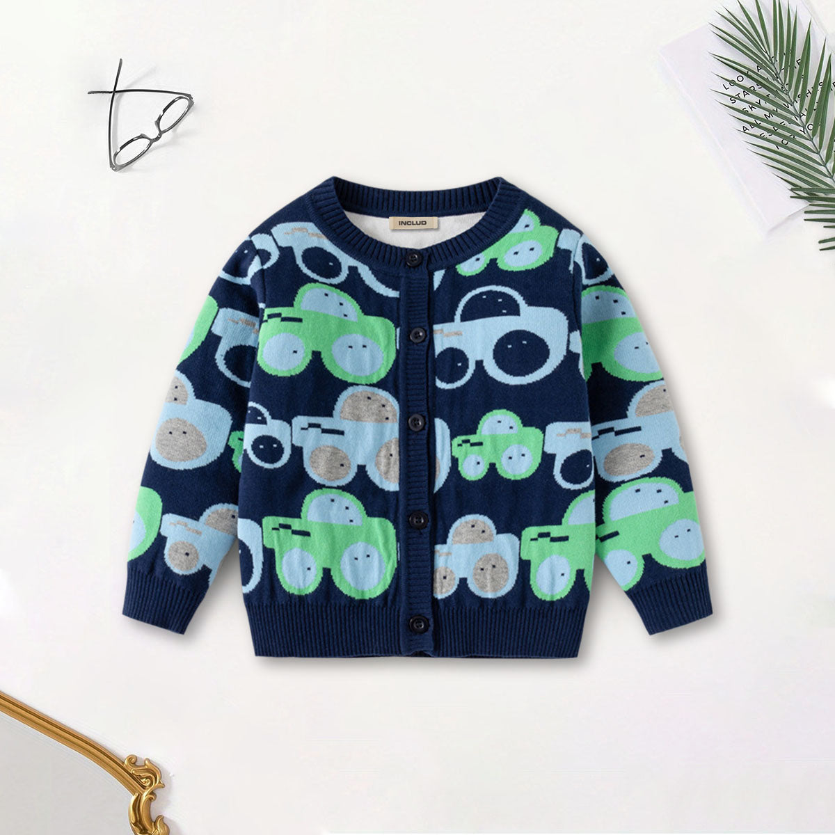 Boys Navy Blue Cardigan With Self-Design Car Patterns Sweaters & Cardigans Navy Blue 2-3 Y