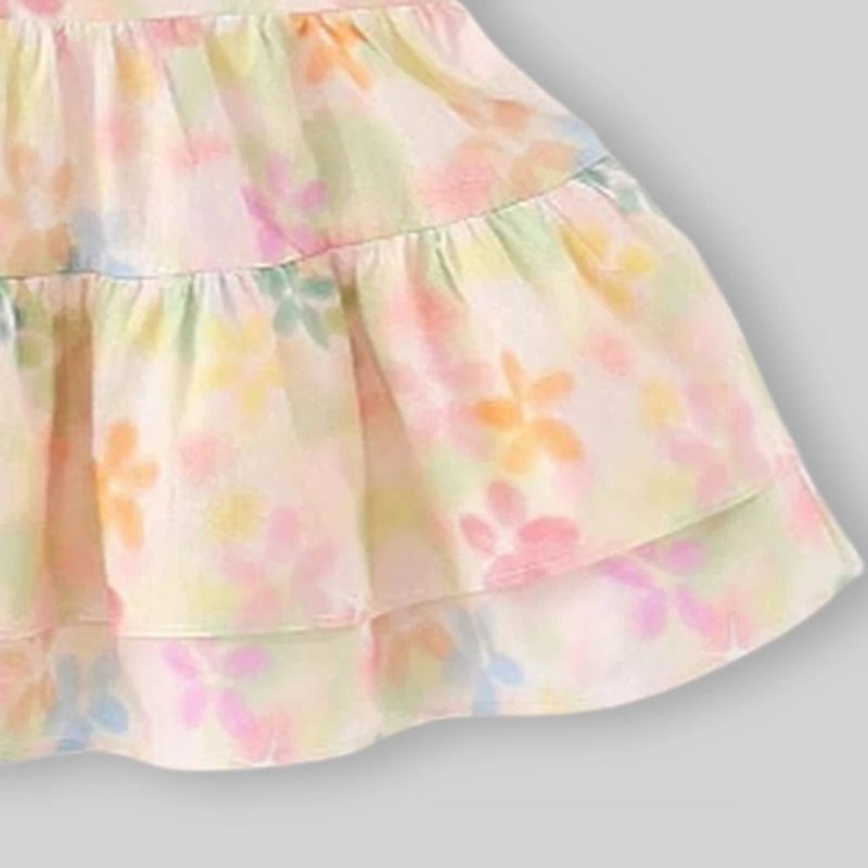 Girls Yellow Floral Print Cherry Applique Tiered A-Line Dress Casual Dresses