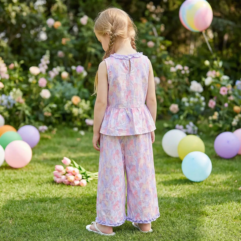 Girls Purple Floral Print Peplum Top With Pants Co-ord Sets Sets