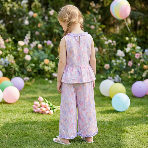 Girls Purple Floral Print Peplum Top With Pants Co-ord Sets Sets