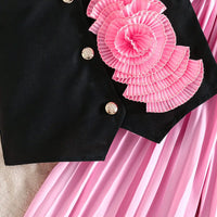 Girls Pink Applique Embroidered Top With Pleated Pants Sets Sets