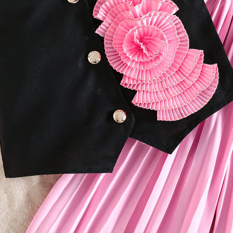 Girls Pink Applique Embroidered Top With Pleated Pants Sets Sets