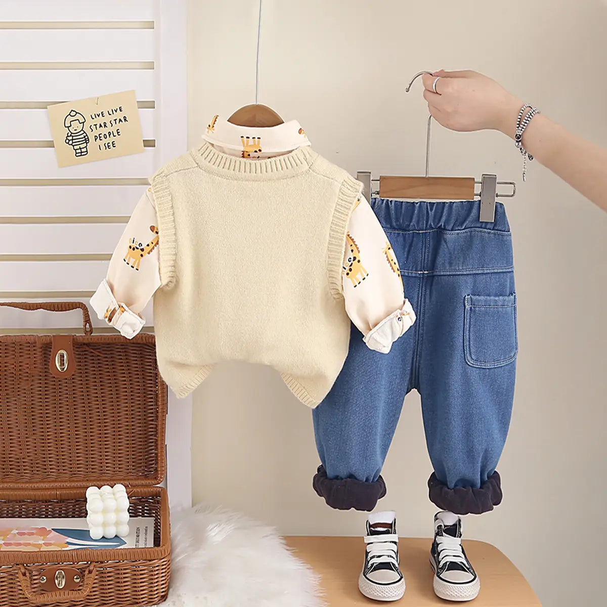 Boys Cream Giraffe Patch Embroidered Sweater Vest With Shirt & Denim Jogger Sets Sets