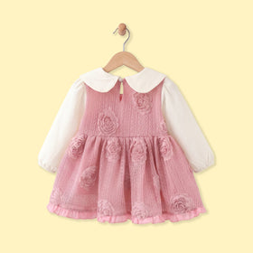 Girls Pink Rose Applique Long Sleeve Empire Dress Casual Dresses
