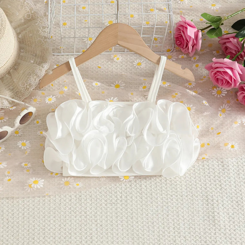 Girls Floral Applique Sleeveless Crop Top With Pink Skirt Sets Sets